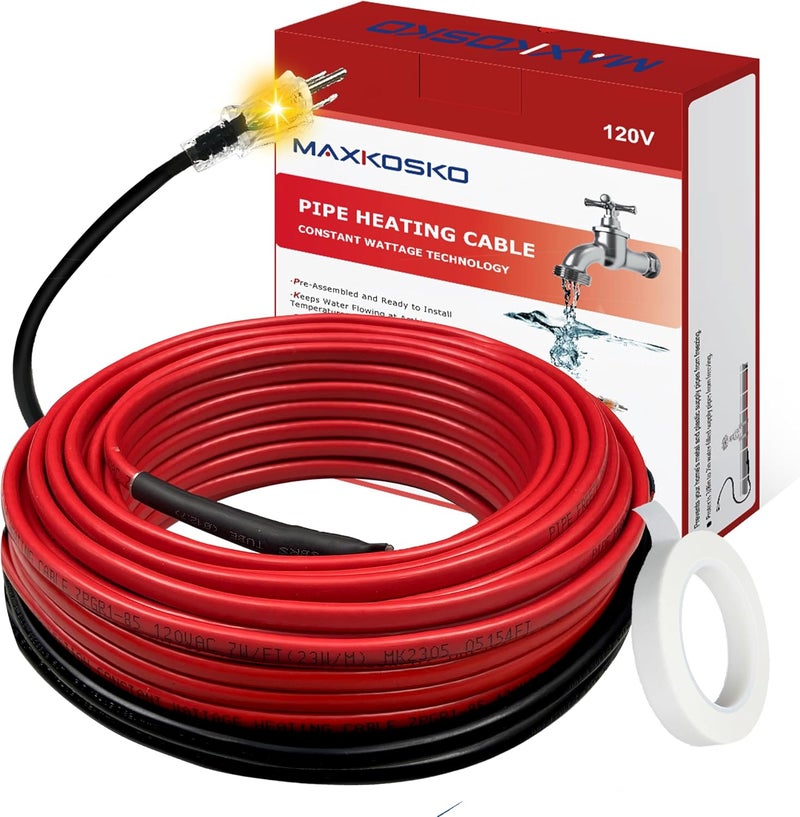 MAXKOSKO Store 55 Feet Pipe Heat Cable for Water Pipe Freeze Protection, Heat Tape for Pipes with Thermostat, Prevents Pipe Freeze, for Metal & Plastic Pipes, 120V 7W/FT - Image 1